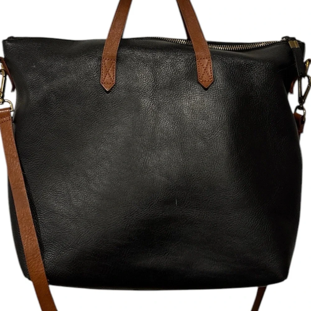 Madewell zip top transport carry all Black Leather Tote Bag monogram initials